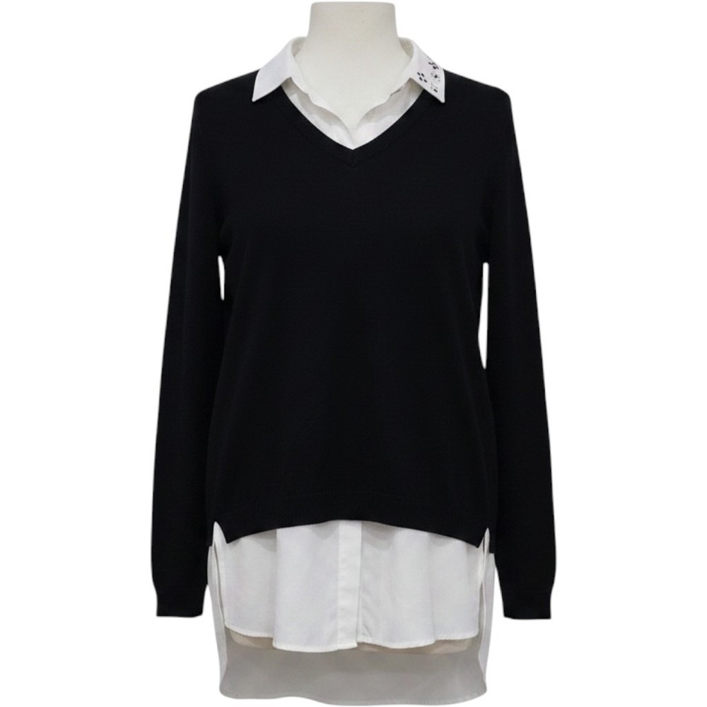Adrianna Papell Black Layered Look Sweater White Collared Rhinestone XS